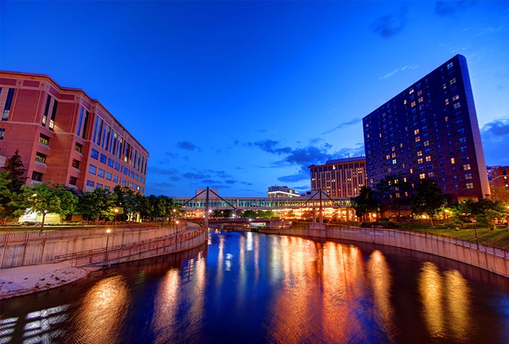 River and buildings in Rochester, Minnesota