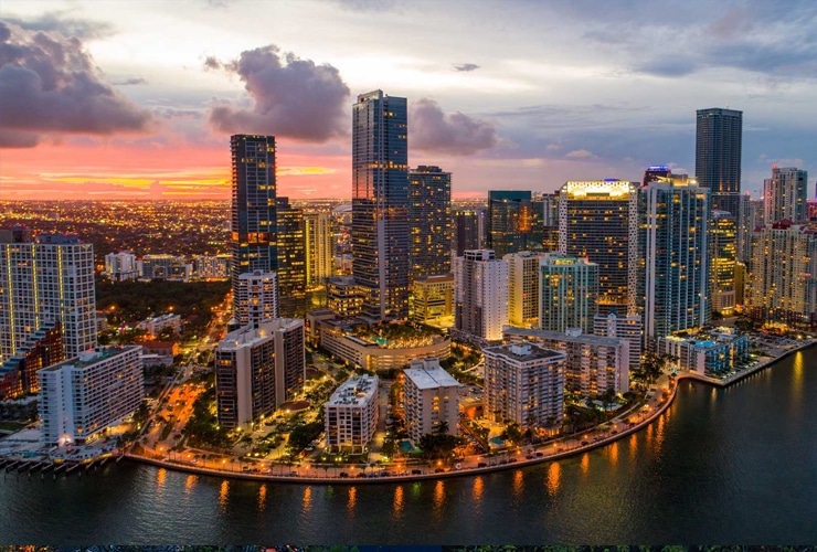 Downtown city skyline of Miamia, Florida during sunset.